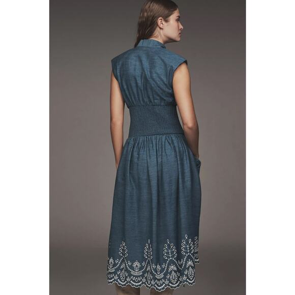 by ANTHROPOLOGIE sz L The Tommie cap sleeve zip dress eyelet edition in denim - Picture 4 of 5